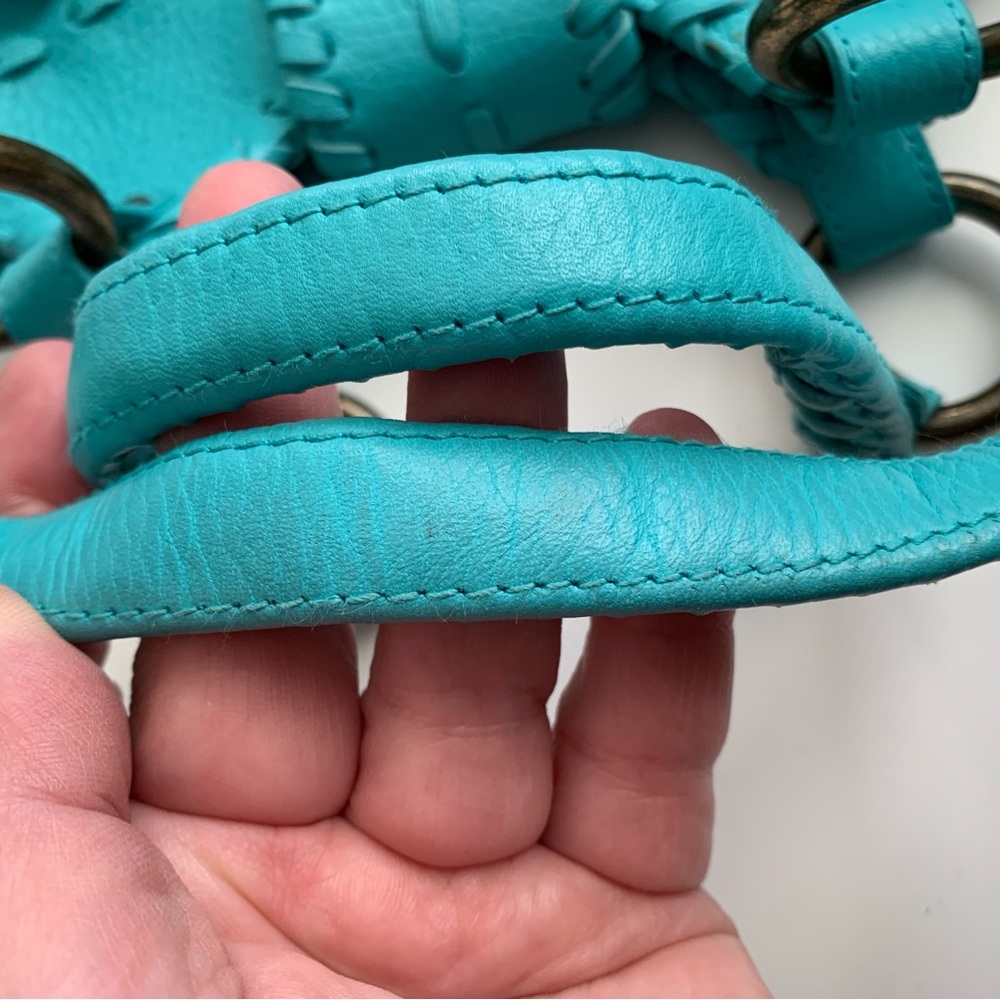 ISABELLA FIORE Turquoise Blue Leather Whip Stitch Shoulder Hobo Bag Purse - Picture 12 of 16